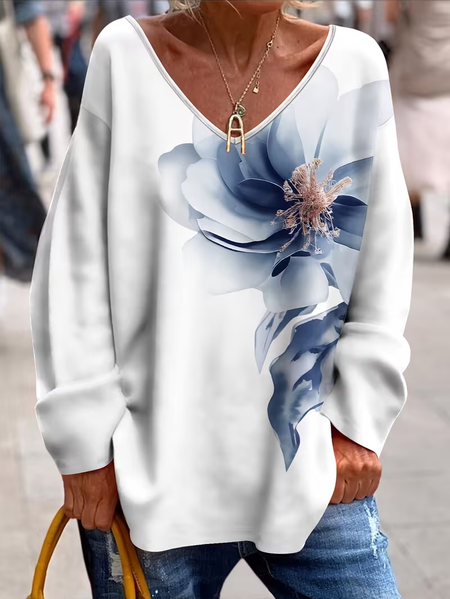 

Casual Floral V Neck Long Sleeve T-shirt, White, T-shirts