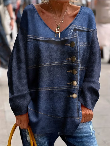 

Women Faux Denim Print Graphic Long Sleeve Tee T-shirt V Neck Printing Casual Spring/Fall Top, Blue, T-Shirts