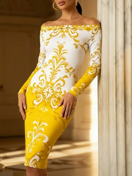 

Urban Paisley Printing Off The Shoulder Midi Dress, Yellow, Midi Dresses