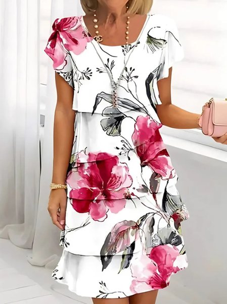 

Women Floral Summer Dress Crew Neck Short Sleeve Fit & Flare Dress A-Line Dress, White, Dresses