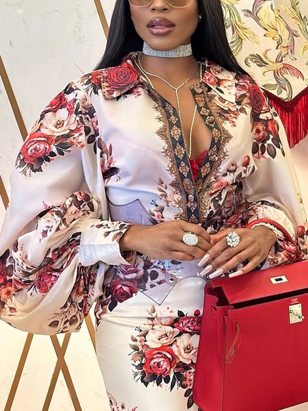 

Elegant Floral Printing Shirt Collar Balloon Sleeve Shirt, As picture, Blouses and Shirts