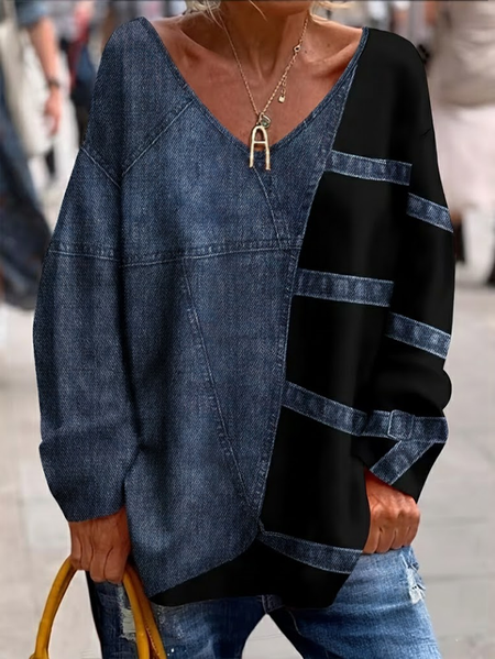 

Women Faux Denim Print Graphic Long Sleeve Tee T-shirt V Neck Printing Casual Spring/Fall Top, Blue, T-Shirts