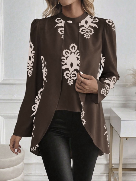 

Crew Neck Long Sleeve Ethnic Regular Micro-Elasticity Regular Fit Shirt For Women, Coffee, Shirts