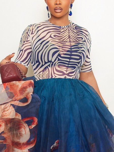 

Elegant Random Print Printing Crew Neck T-shirt, Blue-white, Tees