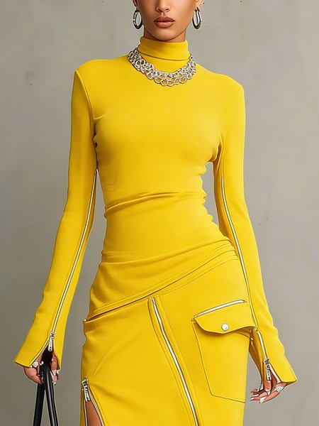 

Casual Mock Neck T-Shirt Tight T-Line Long Sleeve Breathable Top, Yellow, Tees