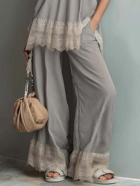 

Urban Striped Lace Edge Straight Pants, Gray, Pants