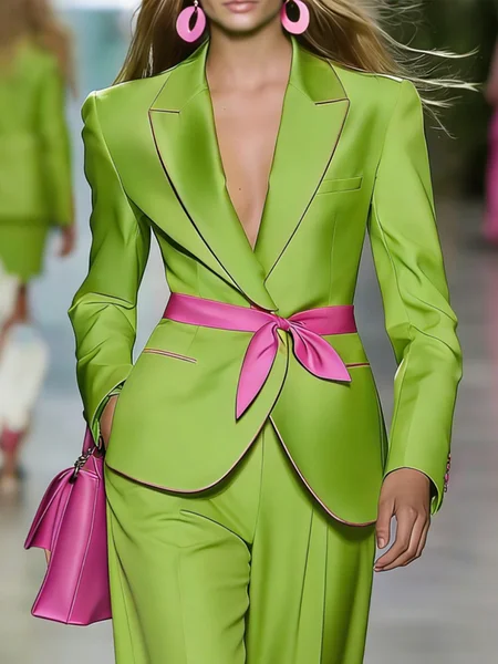 Urban Color Block Lapel Collar Blazer With Belt