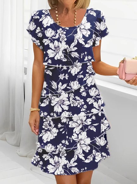 

Women Floral Summer Dress Crew Neck Short Sleeve Fit & Flare Dress A-Line Dress, Dark_blue, Dresses