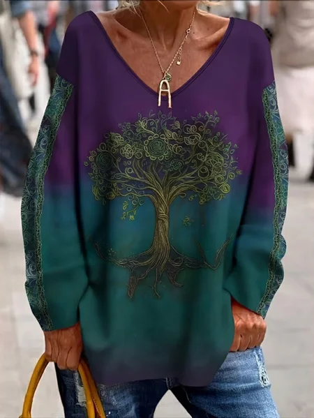 

Casual Tree V Neck Long Sleeve T-shirt, As picture, T-shirts