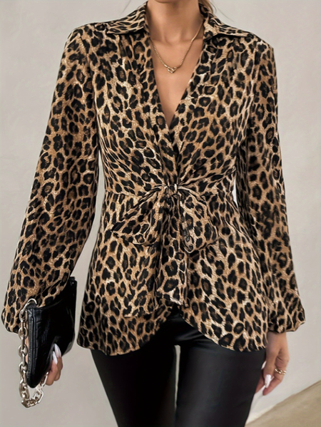 

V Neck Long Sleeve Leopard Regular Micro-Elasticity Regular Fit Shirt For Women, Shirts