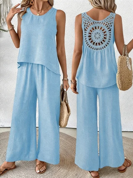 Women Plain Two-Piece Set Daily Sleeveless Casual Summer Top With Pants Matching Set