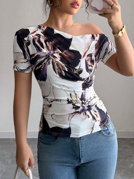 

Urban Floral Printing Cold Shoulder T-shirt, As picture, Tees