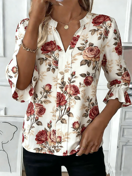 

V Neck Half Sleeve Floral Regular Regular Fit Shirt For Women, Apricot, Shirts