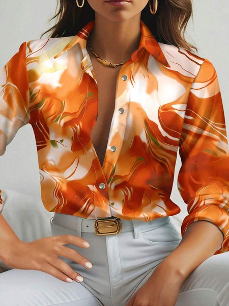 

Urban Abstract Printing Shirt Collar Shirt, Orange, Blouses and Shirts