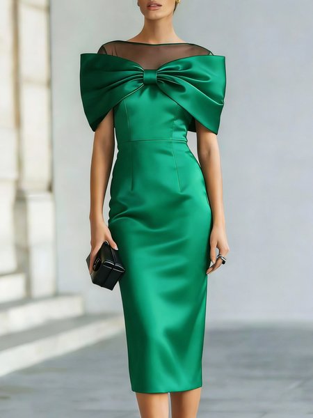 

Elegant Plain Bow Mesh Crew Neck Midi Dress, Green, Cocktail Dresses
