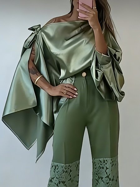 

Satin Elegant Plain Asymmetric Off The Shoulder Blouse, Green, Blouses and Shirts