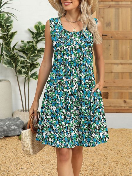 

Women Floral Summer Dress Crew Neck Sleeveless Fit & Flare Dress A-Line Dress, Green, Dresses