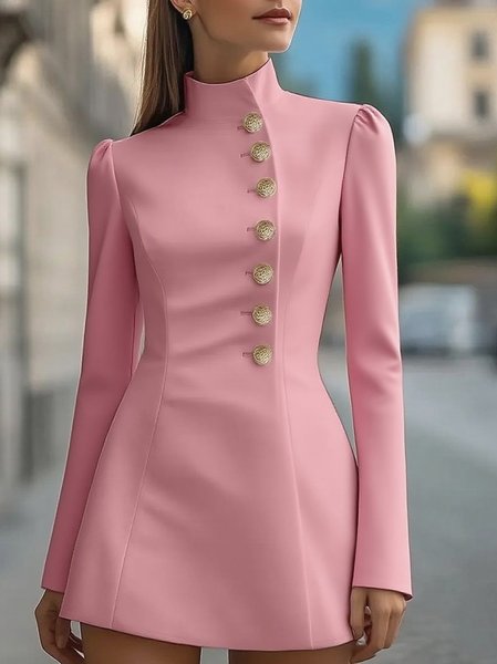 

Women Plain Spring/Fall Dress Stand Collar Long Sleeve Fit & Flare Dress A-Line Dress, Pink, Dresses