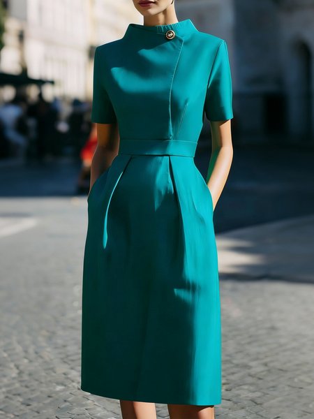 

Urban Plain Buckle Stand Collar Midi Dress, Blue, Midi Dresses