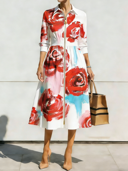 

Urban Floral Shirt Collar Midi Dress, As picture, Midi Dresses