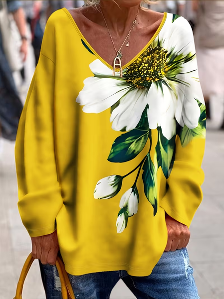 

Casual Floral V Neck Long Sleeve T-shirt, Yellow, T-shirts