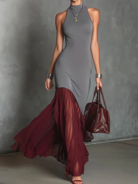 Elegant Color Block Stand Collar Maxi Dress