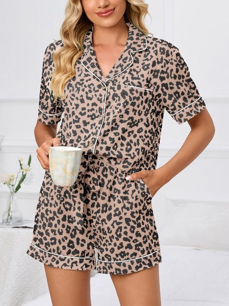 

Leopard Shawl Collar Short Sleeve Shirt with Shorts Casual Pajama Set, Pink, Sets