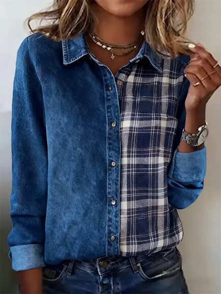 

Women Plaid Shirt Collar Long Sleeve Shirt Buckle Regular Sleeve Casual Daily Spring/Fall Top, Blue, Shirts