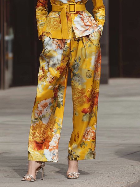 

Elegant Floral Printing Wide Leg Pants, Yellow, Pants