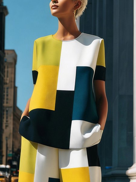 Casual Colorblock Printing Crew Neck Blouse