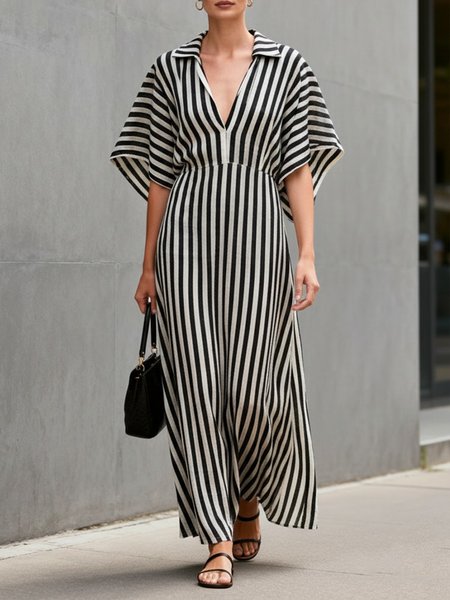 

Cotton And Linen Urban Striped Raglan Sleeves Shirt Collar Maxi Dress, Stripe, Maxi Dresses