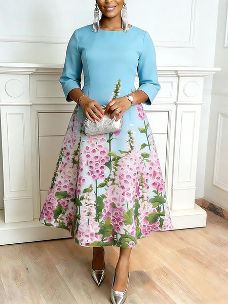 

Elegant Floral Printing Crew Neck Midi Dress, Blue, Maxi Dresses