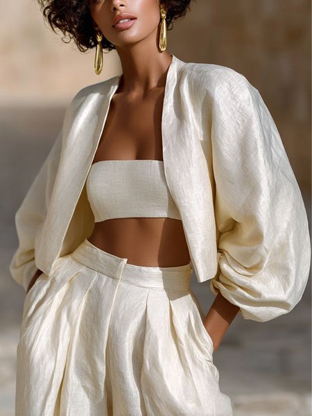 

Casual Balloon Sleeve Plain V Neck Jacket, As picture, Jackets