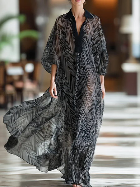 

Vacation Geometric Shirt Collar Maxi Dress, As picture, Maxi Dresses