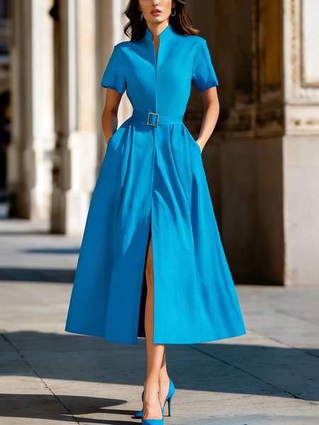 

Elegant Plain Stand Collar Midi Dress With Belt, Blue, Maxi Dresses