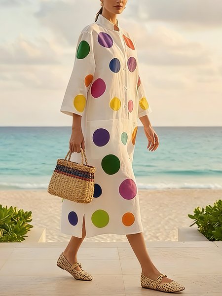 

Vacation Polka Dots Printing Stand Collar Midi Dress, White, Maxi Dresses