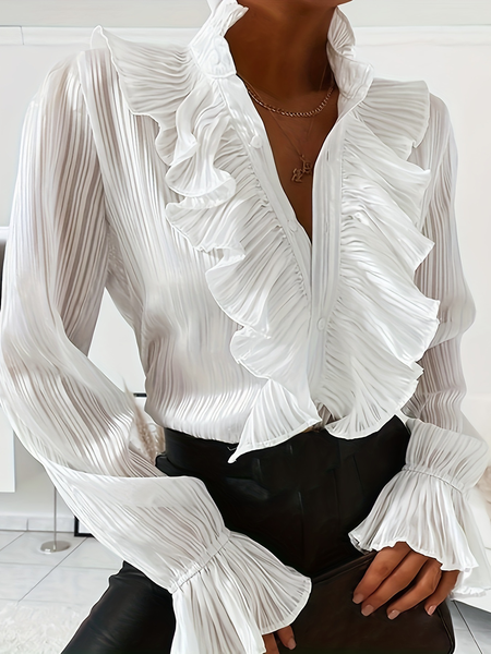 Lotus Leaf Collar Long Sleeve Plain Regular Micro-Elasticity Regular Fit Shirt For Women