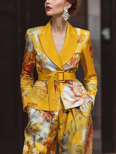 

Elegant Printing Floral Lapel Collar Blazer With Belt, Yellow, Blazers