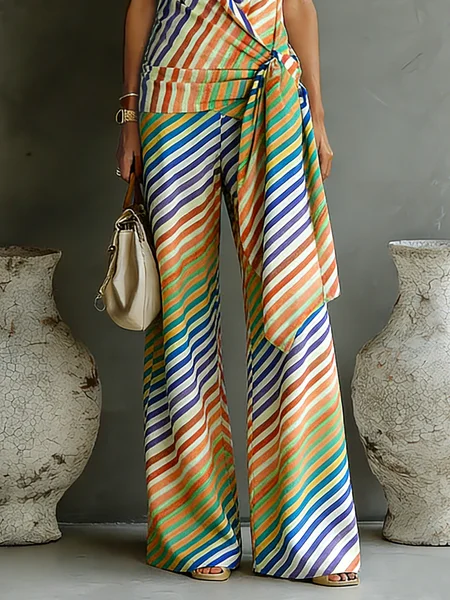 

Vacation Striped Printing Wide Leg Pants, As picture, Pants