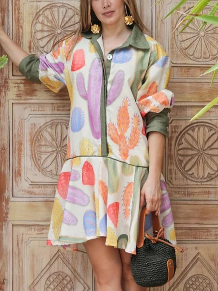 

Vacation Cactus Printing Shirt Collar Mini Dress, As picture, Mini Dresses
