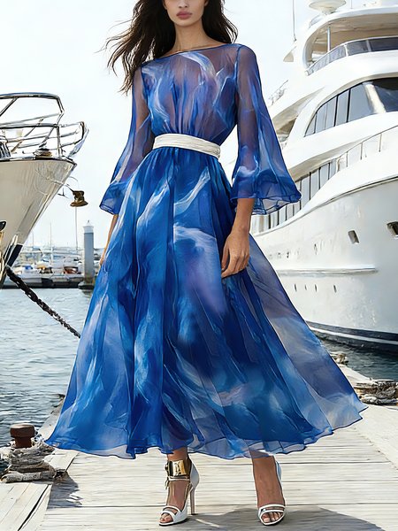 

Vacation Random Print Printing Boat Neck Maxi Dress With Belt, Blue, Maxi Dresses