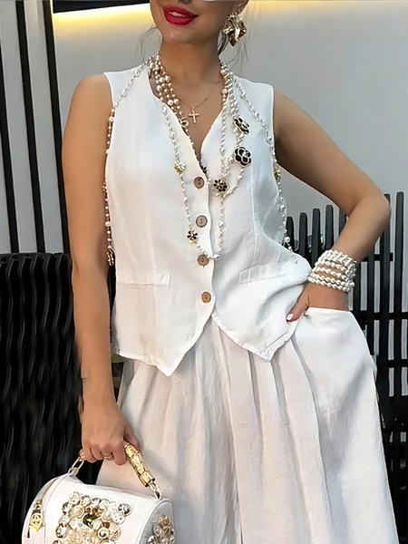 

Cotton Casual Buttoned Plain Lapel Collar Vest, White, Vests and Gilets