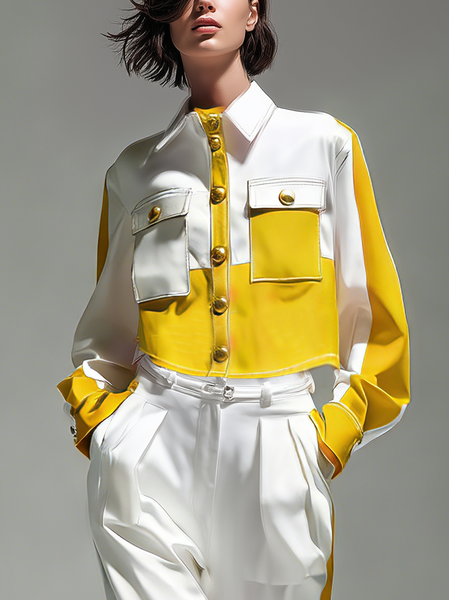 

Casual Buttoned Color Block Shawl Collar Jacket, Yellow, Jackets