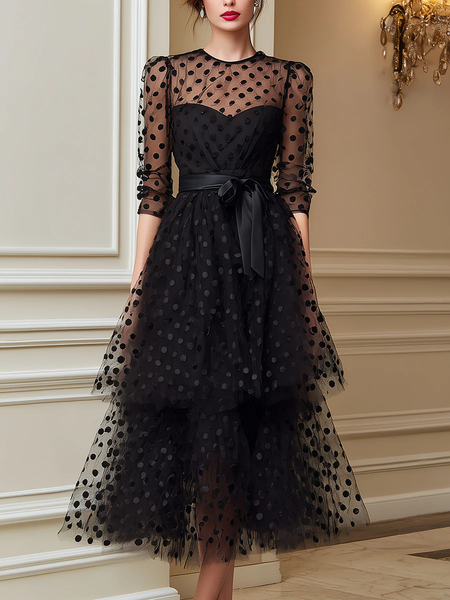 

Elegant Polka Dots Folds Crew Neck Midi Dress With Belt, Black, Cocktail Dresses