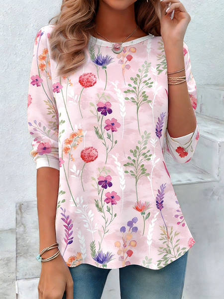 

Elegant Floral Crew Neck Long Sleeve T-shirt, Pink, T-shirts