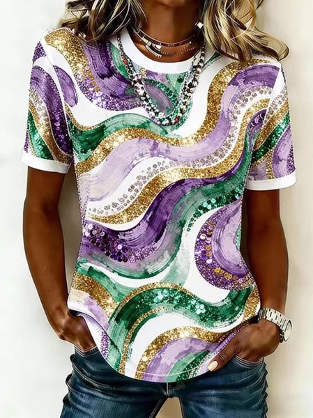 

Casual Abstract Crew Neck Short Sleeve T-shirt, Purple, T-shirts