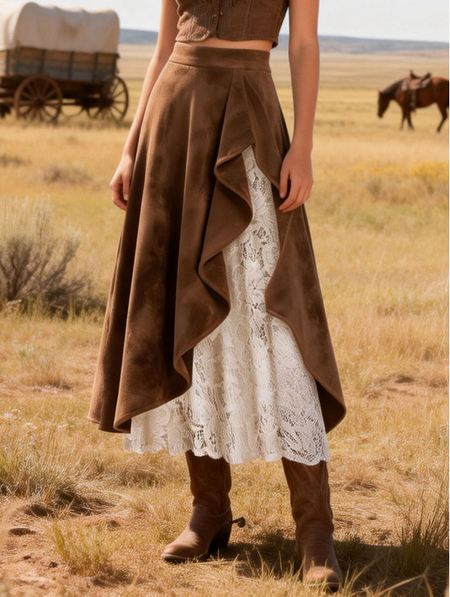 

Vintage Suede Lace Design A-Line Natural Maxi Skirt, Deep brown, Skirts