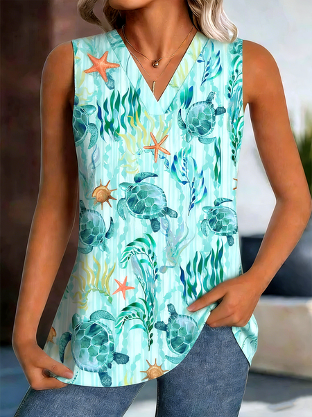 

Casual V Neck Marine Life Tank Top, Blue, Tanks & Camis