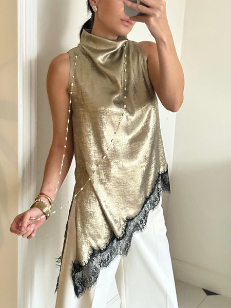 

Elegant Color Block Split Joint Halter Tank Top, Black-gold, Tanks and Camis