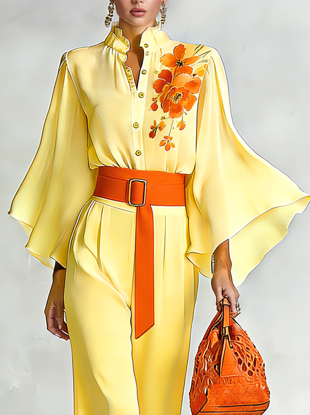 

Elegant Floral Printing Stand Collar Bell Sleeve Shirt, Yellow, Blouses and Shirts